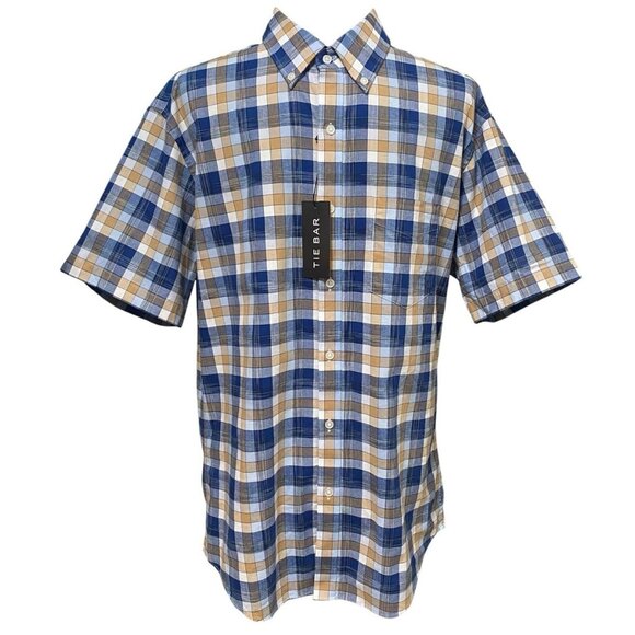 Tie Bar Trim Fit Short Sleeve Button Up Plaid Shirt - Picture 7 of 7